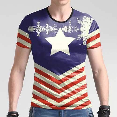 Mens Fashion 3D Printing Retro Western Style O-neck Short-sleeved T-shirt