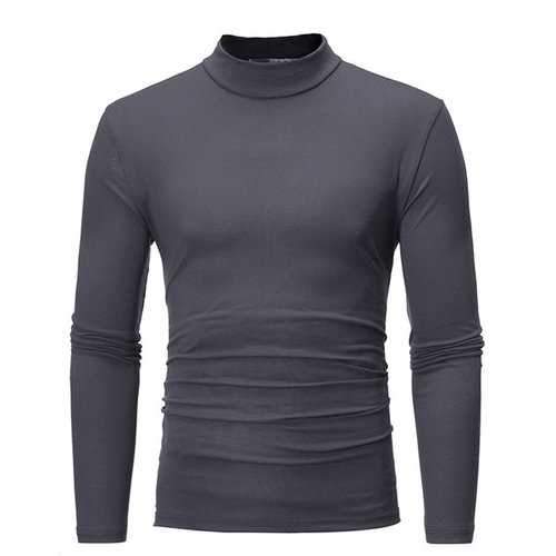 Mens Fall Winter Brief Style Solid Color Stand Collar Long Sleeve Casual T-shirt