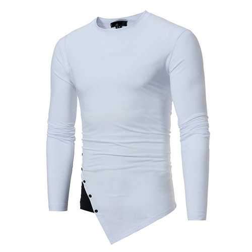 Mens Fall Winter Brief Style Stiching Color Irregular Buttons Hem Casual T-shirt