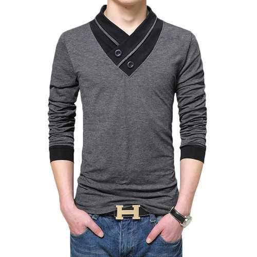 Mens Cotton Stitching Slim Fit long Sleeve T-Shirt