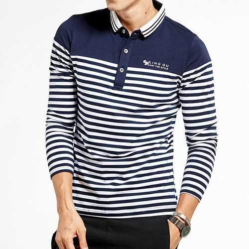 Mens Cotton Slim Fit Striped Long Sleeve Golf Shirt