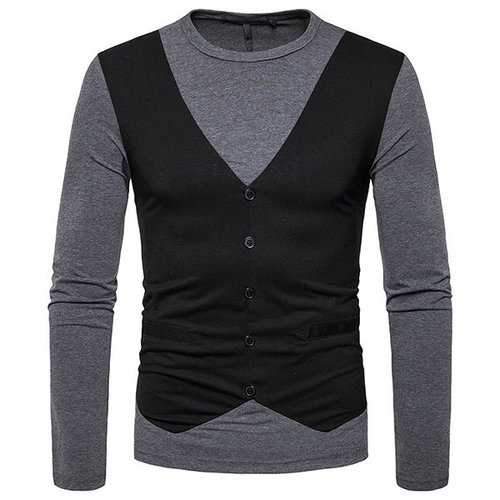 Mens False Two Pieces Button Patchwork Hit Color T-Shirts