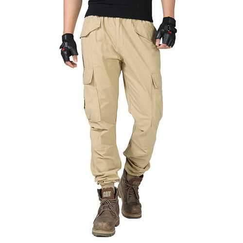 Mens Multi Pockets  Elastic Waist Soild Color Cargo Pants