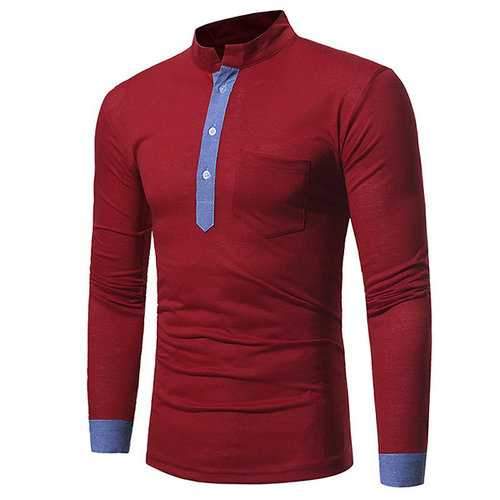Brief Stand Collar Long Sleeve Cotton T-shirt