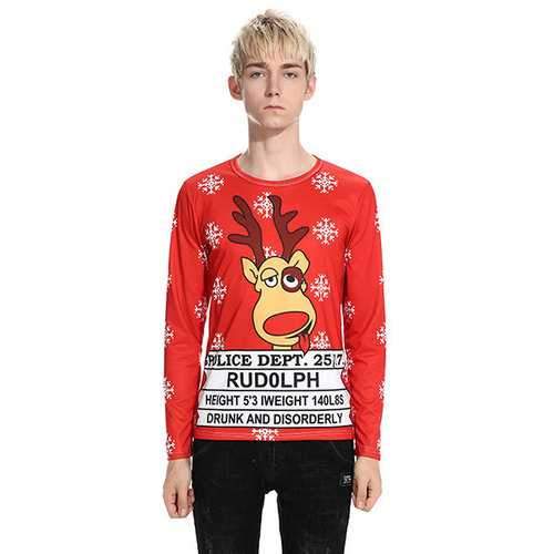 Mens Christmas Tops Elk Printing Long Sleeve T-Shirt