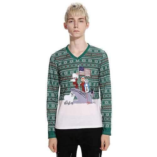 Mens Santa Claus Printing Long Sleeve V-Neck T-Shirt