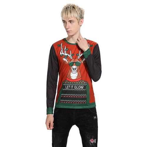 Mens Christmas Elk Printing Long Sleeve O-Neck T-Shirt