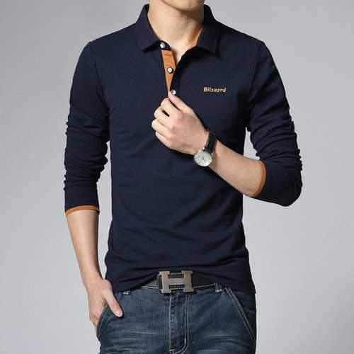 Mens Cotton Solid Long Sleeve Slim Fit Golf Shirt