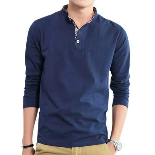 Mens Fashion Stand Collar Solid Long Sleeve T-shirt