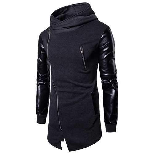 Mens Stitching Leather Zip Up Casual Hoodies
