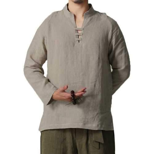 Plus Size Chinese Style Linen V-Neck T Shirt
