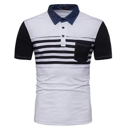 Denim Collar Patchwork Polo Shirt