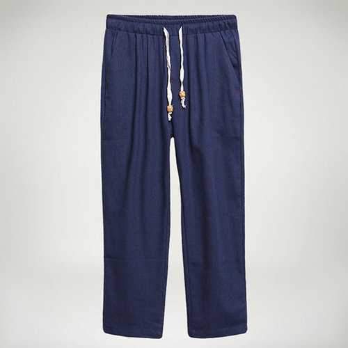 Cotton Linen Drawstring Straight Pants