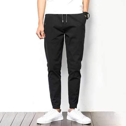Elastic Waist Drawstring Solid Color Pants