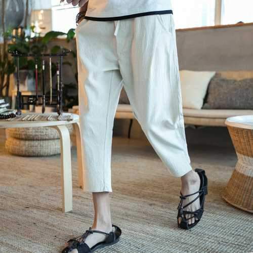 Cotton Linen Calf Length Casual Pants