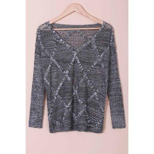 Solid Color Hollow Out Design Long Sleeve V-Neck Women's Sweater - Light Gray One Size