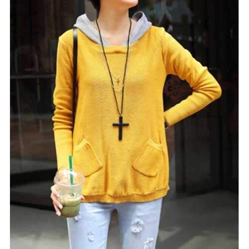 Pockets Design Long Sleeve Hooded Faux Twinset Women's Sweater - Light Yellow L