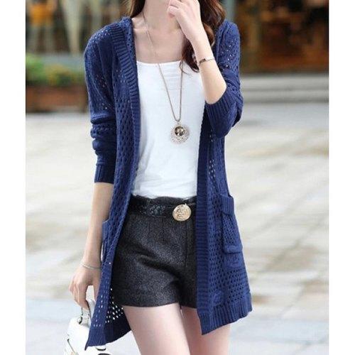 Casual Solid Color Long Sleeves Hollow Out Hooded Cardigan For Women - Blue One Size