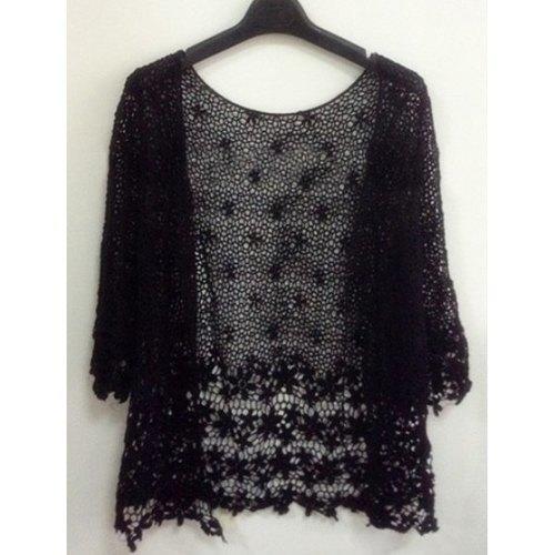 Stylish Crochet Flower Hollow Out 3/4 Sleeve Women's Cardigan - Black One Size