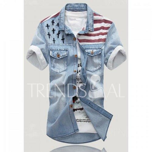 Casual Style Vintage Shirt Collar Stripes Design Short Sleeves Denim Shirt For Men - Light Blue L
