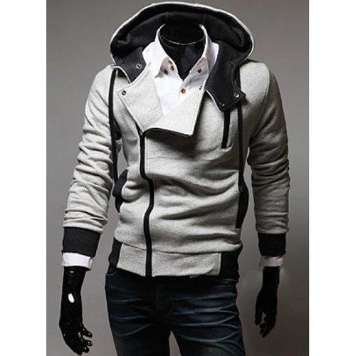 Street Style Side Zipper Studs Long Sleeves Men's  Polyester Hoodies - Light Gray M
