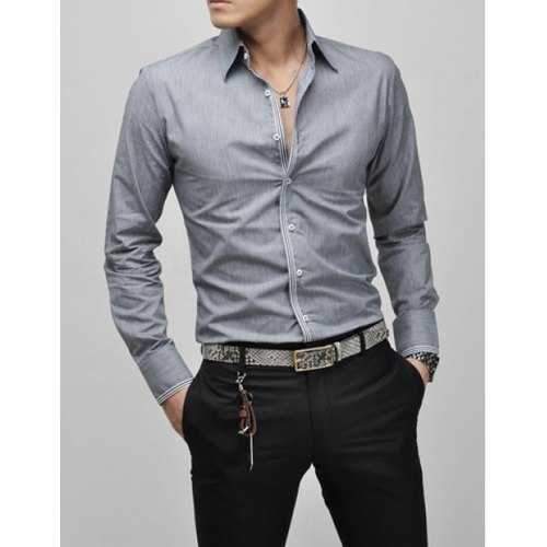 Slimming Lapel Striped Hem Long Sleeve Cotton Blend Men's Casual Shirt - Gray M