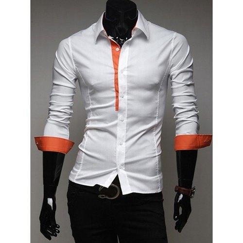 Casual Style Fitted Shirt Collar Chic Color Splicing Long Sleeves Polyester Shirt For Men - Orange L
