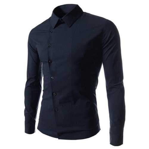 Stylish Shirt Collar Slimming Solid Color Oblique Button Long Sleeve Men's Polyester Shirt - Deep Blue 175