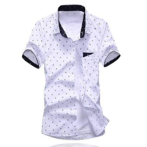 Summer Style Turn-down Collar Full Anchor Print Purfled Short Sleeves Cotton Shirt For Men - White M