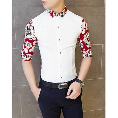 Stylish Shirt Collar Slimming Polka Dot Flower Print Splicing 3/4 Length Sleeve Men's Cotton Shirt - Red Xl