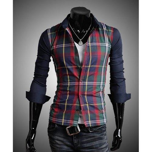 Fashion Style Turn-down Collar Slimming Color Block Checked Splicing Long Sleeves Men's Cotton Blend Shirt - Red And Green 2xl