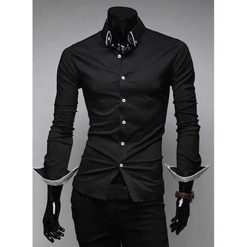 Slimming Trendy Turn-down Collar Stylish Stripes Tipping Solid Color Long Sleeves Men's Cotton Blend Shirt - Black M