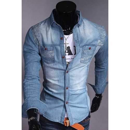 Fashion Style Turn-down Collar Slimming Personality Print Embellished Long Sleeves Men's Denim Shirt - Light Blue Xl