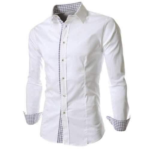 Slimming Trendy Turn-down Collar Checked Print Splicing Long Sleeves Men's Cotton Blend Shirt - White Xl