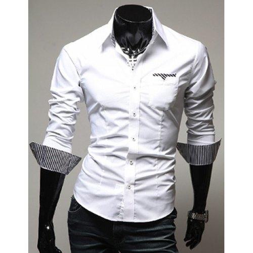 Casual Style Turn-down Collar Slimming Individual Stripes Print Long Sleeves Men's Polyester Shirt - White M