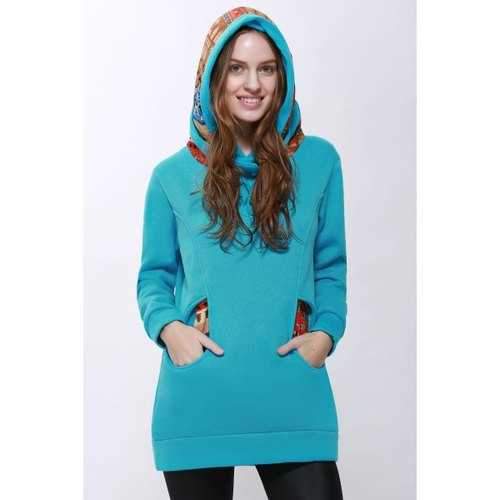 Korean Thicken Solid Color Thicken Hooded Long Sleeves Women's Hoody - Blue M