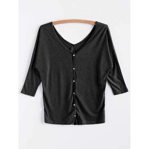 V-Neck Three Quarter Sleeve Gray Women's Cardigan - Gray One Size