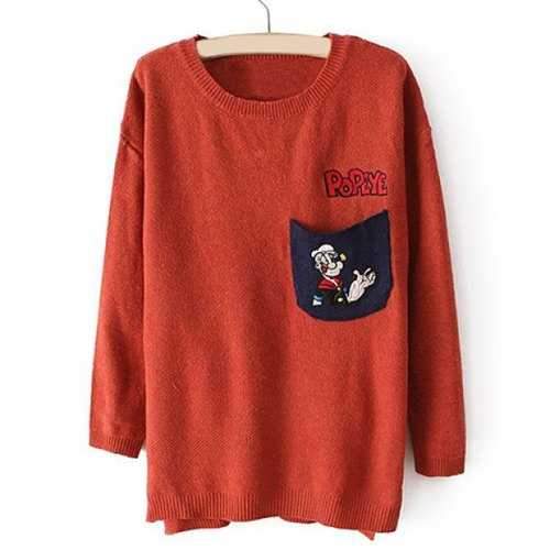 Letter Embroidery Long Sleeves Round Neck Acrylic Casual Style Women's Sweater - Red One Size