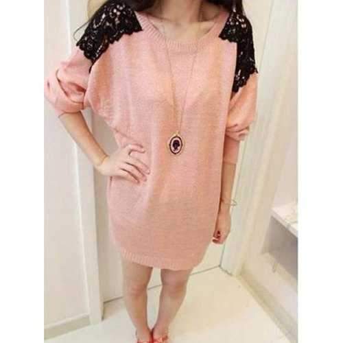 Long Sleeves Scoop Neck Lace Embroidered Stitching Long Sections Asymmetrical Hem Loose-Fitting Casual Women's Sweater - Pink One Size