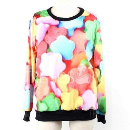 Long Sleeves Round Neck Multicolor Sweetmeats Pattern Print Relaxed Women's Sweatshirt - One Size