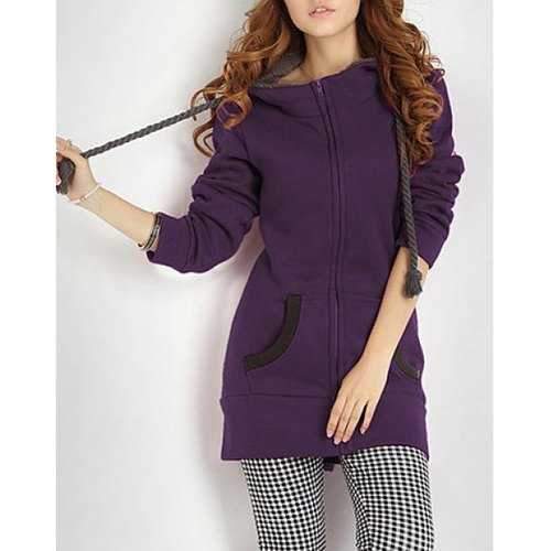 Color Block Hooded Long Sleeves Casual Style Cotton Blend Zipper Women's Hoodie - Purple S