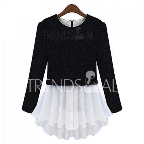 Long Sleeves Round Neck Chiffon Stitching Plicated Ruffles Buttons Embellished Stylish Women's Sweater - Black S