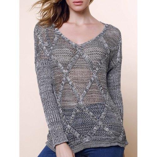 Hollow Out Long Sleeve Casual Style V-Neck Acrylic Women's Sweater - Light Gray One Size